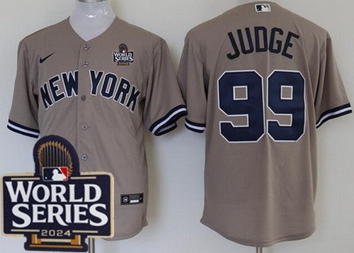 Men's New York Yankees #99 Aaron Judge Gray Player Name 2024 World Series Cool Base Jersey