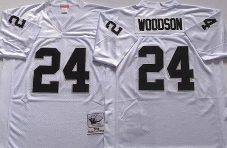 Men's Oakland Raiders #24 Charles Woodson White Throwback Jersey