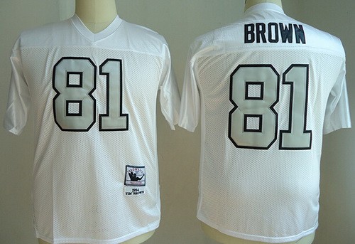 Men's Oakland Raiders #81 Tim Brown White Sliver Throwback Jersey