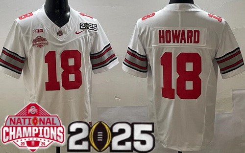 Men's Ohio State Buckeyes #18 Will Howard White 2025 National Champions College Football Jersey