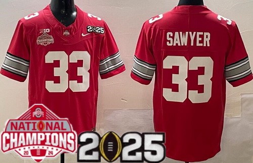 Men's Ohio State Buckeyes #33 Jack Sawyer Limited Red 2025 National Champions College Football Jersey