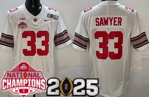 Men's Ohio State Buckeyes #33 Jack Sawyer Limited White 2025 National Champions College Football Jersey