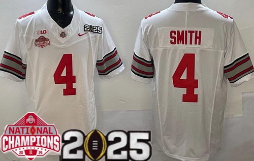 Men's Ohio State Buckeyes #4 Jeremiah Smith White 2025 National Champions College Football Jersey