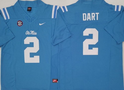 Men's Ole Miss Rebels #2 Jaxson Dart Light Blue FUSE College Football Jersey