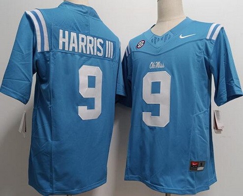 Men's Ole Miss Rebels #9 Tre Harris III Light Blue FUSE College Football Jersey