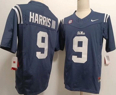 Men's Ole Miss Rebels #9 Tre Harris III Navy FUSE College Football Jersey
