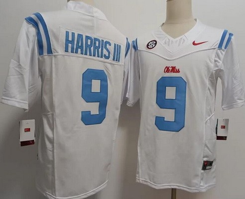 Men's Ole Miss Rebels #9 Tre Harris III White FUSE College Football Jersey