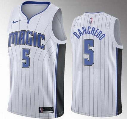 Men's Orlando Magic #5 Paolo Banchero White Icon Heat Press Jersey