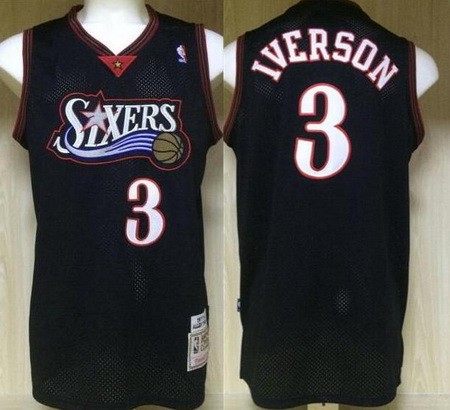 Men's Philadelphia 76ers #3 Allen Iverson Black Throwback Authentic Jersey