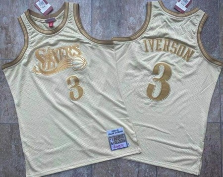 Men's Philadelphia 76ers #3 Allen Iverson Gold 2000 Throwback Authentic Jersey