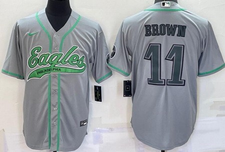 Men's Philadelphia Eagles #11 AJ Brown Gray Baseball Jersey