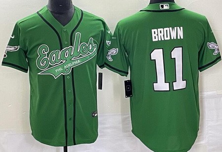 Men's Philadelphia Eagles #11 AJ Brown Limited Kelly Green Baseball Jersey