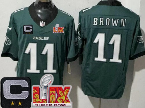 Men's Philadelphia Eagles #11 AJ Brown Limited Midnight Green C Patch Super Bowl LIX FUSE Vapor Jersey