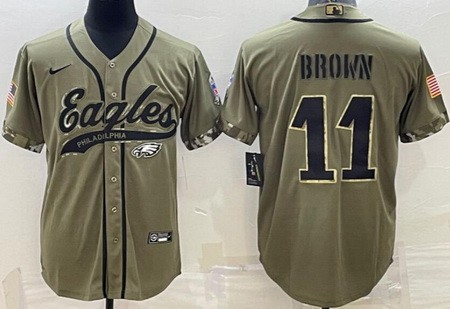 Men's Philadelphia Eagles #11 AJ Brown Limited Olive 2022 Salute To Service Baseball Jersey