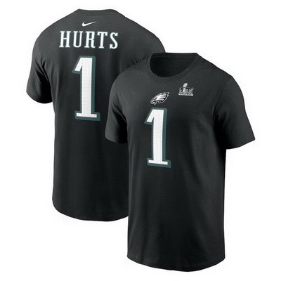 Men's Philadelphia Eagles #1 Jalen Hurts Black Super Bowl LIX Patch T Shirt