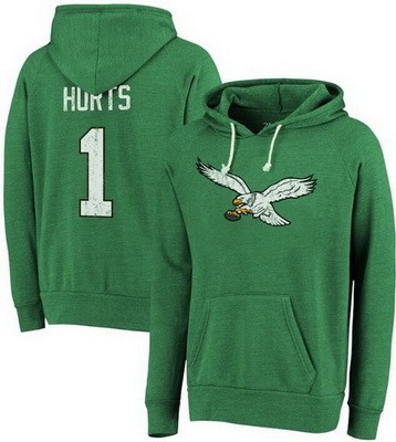 Men's Philadelphia Eagles #1 Jalen Hurts Kelly Green Tri Blend Pullover Hoodie