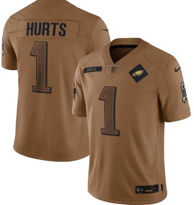 Men's Philadelphia Eagles #1 Jalen Hurts Limited Brown 2023 Salute To Service Jersey