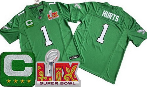 Men's Philadelphia Eagles #1 Jalen Hurts Limited Kelly Green C Patch Super Bowl LIX FUSE Vapor Jersey