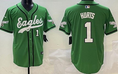 Men's Philadelphia Eagles #1 Jalen Hurts Limited Kelly Green Fashion Baseball Jersey