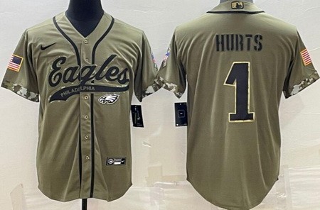 Men's Philadelphia Eagles #1 Jalen Hurts Limited Olive 2022 Salute To Service Baseball Jersey