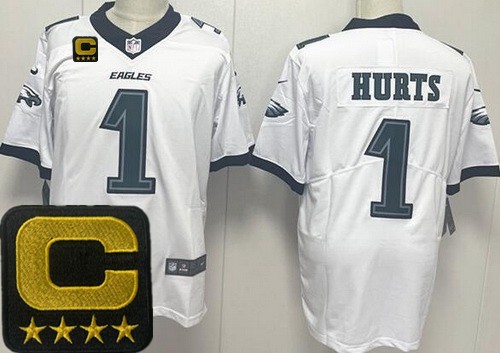 Men's Philadelphia Eagles #1 Jalen Hurts Limited White Captain Patch Vapor Jersey