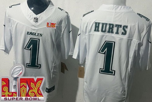 Men's Philadelphia Eagles #1 Jalen Hurts Limited White Fashion Super Bowl LIX FUSE Vapor Jersey