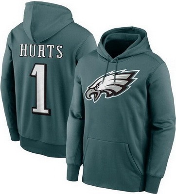 Men's Philadelphia Eagles #1 Jalen Hurts Midnight Green Performance Pullover Hoodie