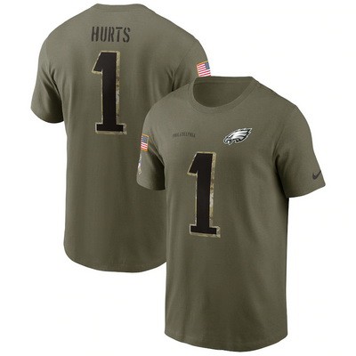 Men's Philadelphia Eagles #1 Jalen Hurts Olive 2022 Salute To Service T Shirt