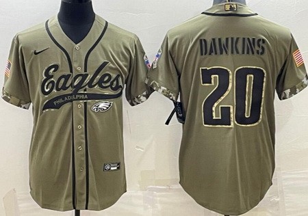 Men's Philadelphia Eagles #20 Brian Dawkins Limited Olive 2022 Salute To Service Baseball Jersey