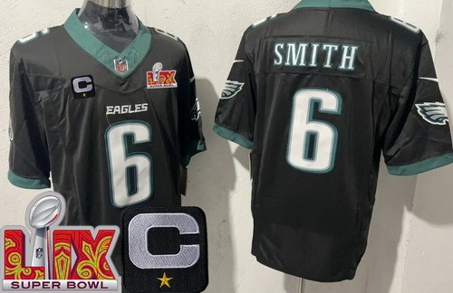 Men's Philadelphia Eagles #6 DeVonta Smith Limited Black C Patch Super Bowl LIX FUSE Vapor Jersey