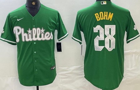 Men's Philadelphia Phillies #28 Alec Bohm Kelly Green Celtic Cool Base Jersey