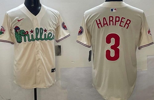 Men's Philadelphia Phillies #3 Bryce Harper Cream Fashion Cool Base Jersey