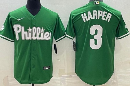 Men's Philadelphia Phillies #3 Bryce Harper Green Celtics Cool Base Jersey