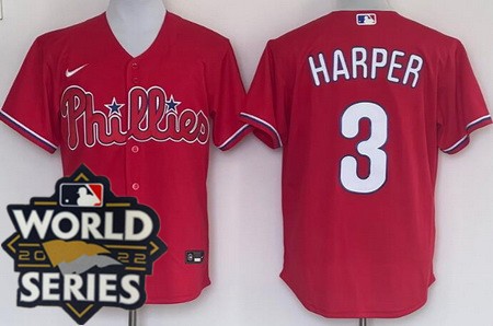 Men's Philadelphia Phillies #3 Bryce Harper Red 2022 World Series Cool Base Jersey