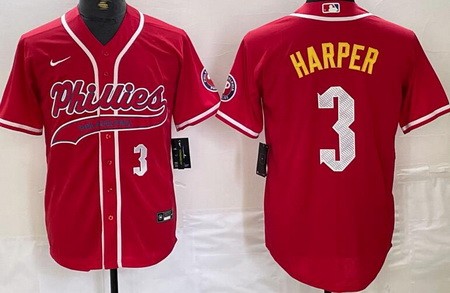 Men's Philadelphia Phillies #3 Bryce Harper Red City Fashion Player Number Cool Base Jersey