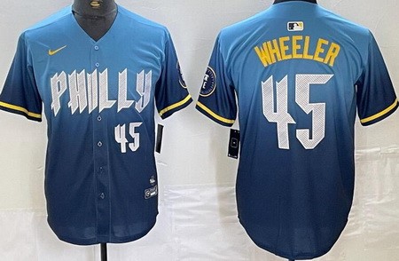 Men's Philadelphia Phillies #45 Zack Wheeler Blue 2024 City Player Number Cool Base Jersey
