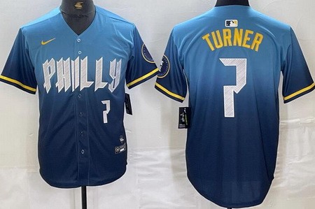 Men's Philadelphia Phillies #7 Trea Turner Blue 2024 City Player Number Cool Base Jersey