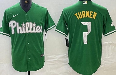 Men's Philadelphia Phillies #7 Trea Turner Kelly Green Celtic Cool Base Jersey