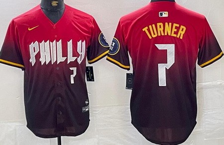 Men's Philadelphia Phillies #7 Trea Turner Red 2024 City Player Number Cool Base Jersey