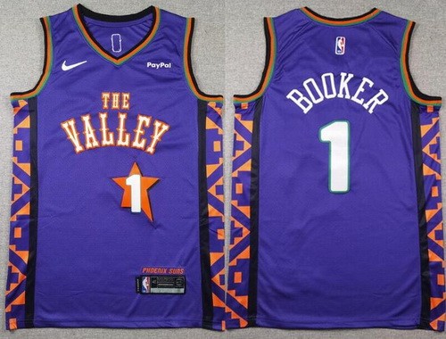 Men's Phoenix Suns #1 Devin Booker Purple 2024 City Sponsor Swingman Jersey