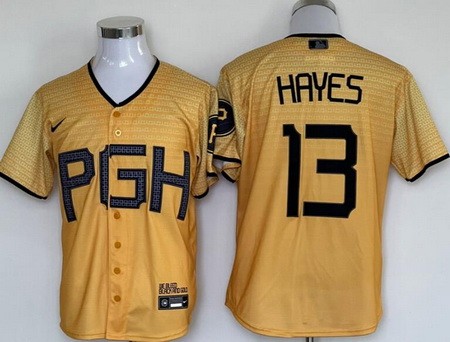 Men's Pittsburgh Pirates #13 Ke'Bryan Hayes Yellow 2023 City Connect Cool Base Jersey