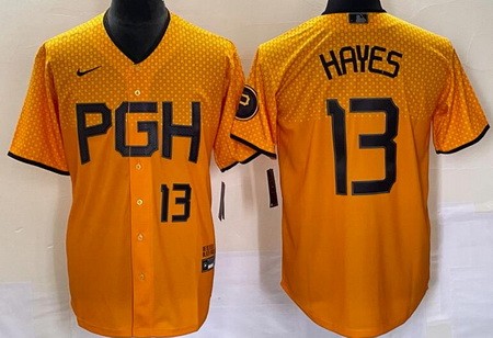 Men's Pittsburgh Pirates #13 Ke'Bryan Hayes Yellow 2023 City Connect Player Number Cool Base Jersey