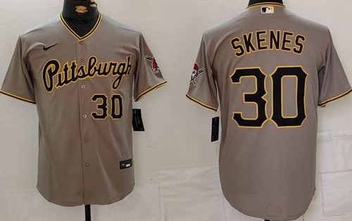 Men's Pittsburgh Pirates #30 Paul Skenes Gray Alternate Player Numeb Team Logo Cool Base Jersey