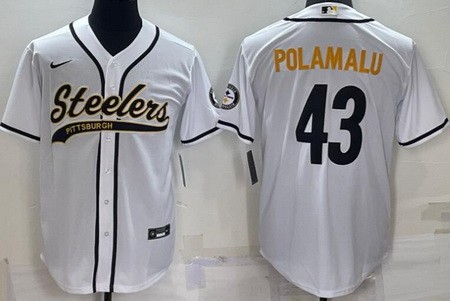 Men's Pittsburgh Steelers #43 Troy Polamalu White Baseball Jersey