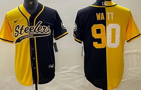 Men's Pittsburgh Steelers #90 TJ Watt Black Yellow Split Baseball Jersey