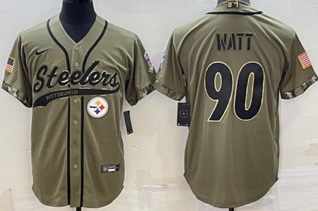 Men's Pittsburgh Steelers #90 TJ Watt Limited Olive 2022 Salute To Service Baseball Jersey