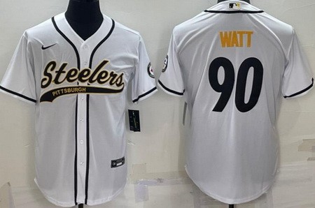 Men's Pittsburgh Steelers #90 TJ Watt White Baseball Jersey