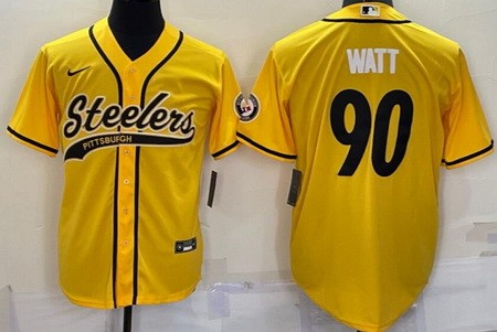 Men's Pittsburgh Steelers #90 TJ Watt Yellow Baseball Jersey