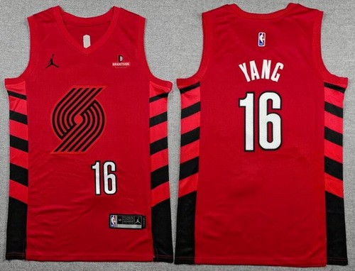 Men's Portland Trail Blazers #16 Yang Hansen Red Statement Sponsor Swingman Jersey