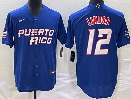 Men's Puerto Rico #12 Francisco Lindor Blue 2023 World Baseball Classic Cool Base Jersey